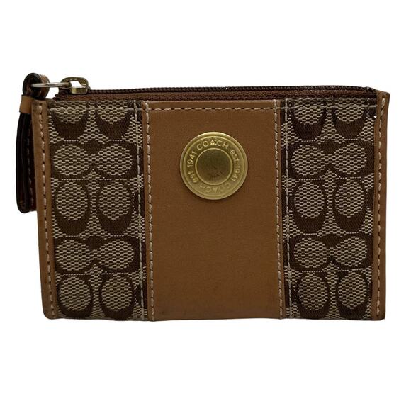 COACH Brown Signature Canvas Card holder / Coin Purse with Keychain - Picture 1 of 7